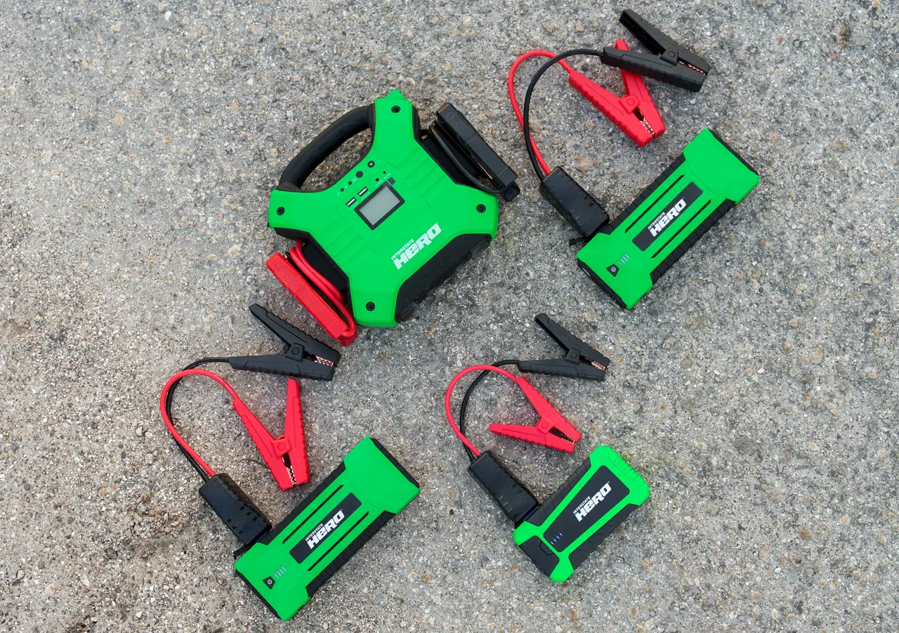 Interstate Hero jump starters laid out on the ground