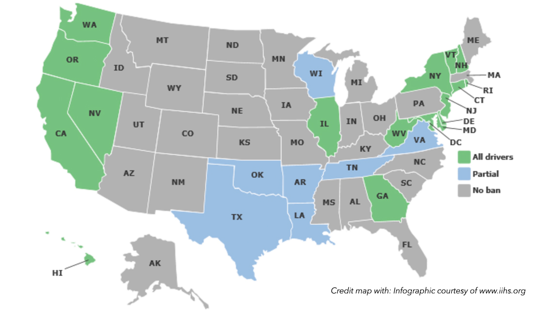 Hand-held cellphone ban map