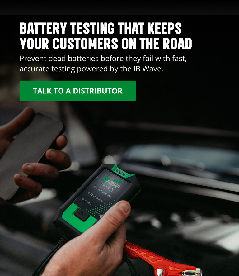 Technician using a handheld battery tester to check a car battery under the hood, with headline text about battery testing that keeps customers on the road