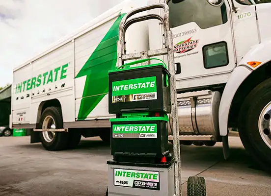 An Interstate Batteries commercial delivery truck loaded with batteries, illustrating independent route partnership and distributorship opportunities