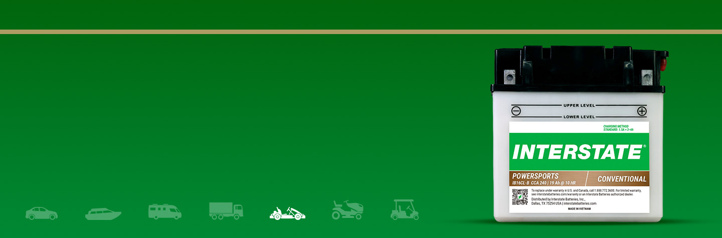 Interstate Powersports Conventional battery on a green background with faded application icons and a bright white Powersports icon