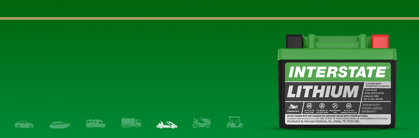 Interstate Powersports Lithium battery on a green background with faded application icons and a bright white Powersports icon