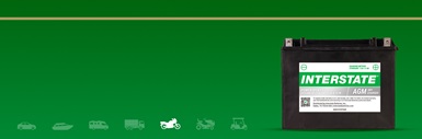 Interstate Powersports AGM battery on a green background with faded application icons and a bright white Powersports icon