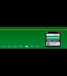 Interstate Powersports Factory-Activated AGM battery on a green background with faded application icons and a bright white Powersports icon