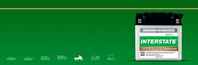 Interstate Powersports Conventional battery on a green background with faded application icons and a bright white Powersports icon