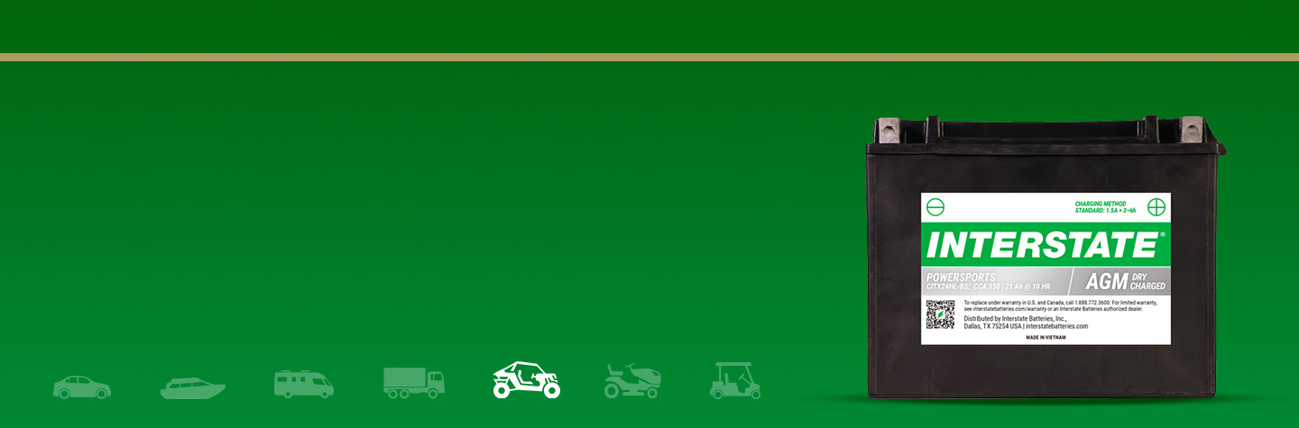 Interstate Powersports AGM battery on a green background with faded application icons and a bright white Powersports icon