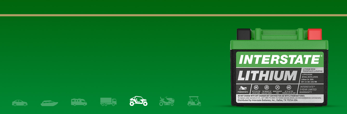 Interstate Powersports Lithium battery on a green background with faded application icons and a bright white Powersports icon