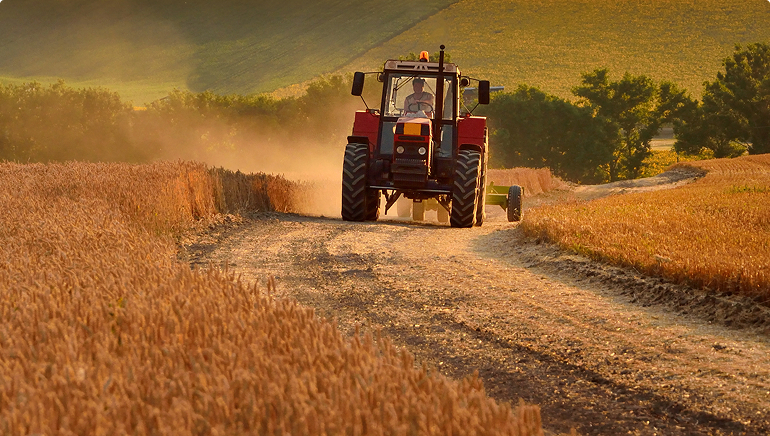 A red tractor drives along a dirt path through golden farmland, kicking up dust at sunset