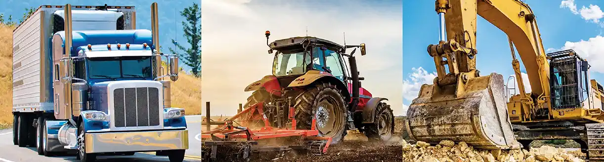 semi-truck, tractor, and excavator