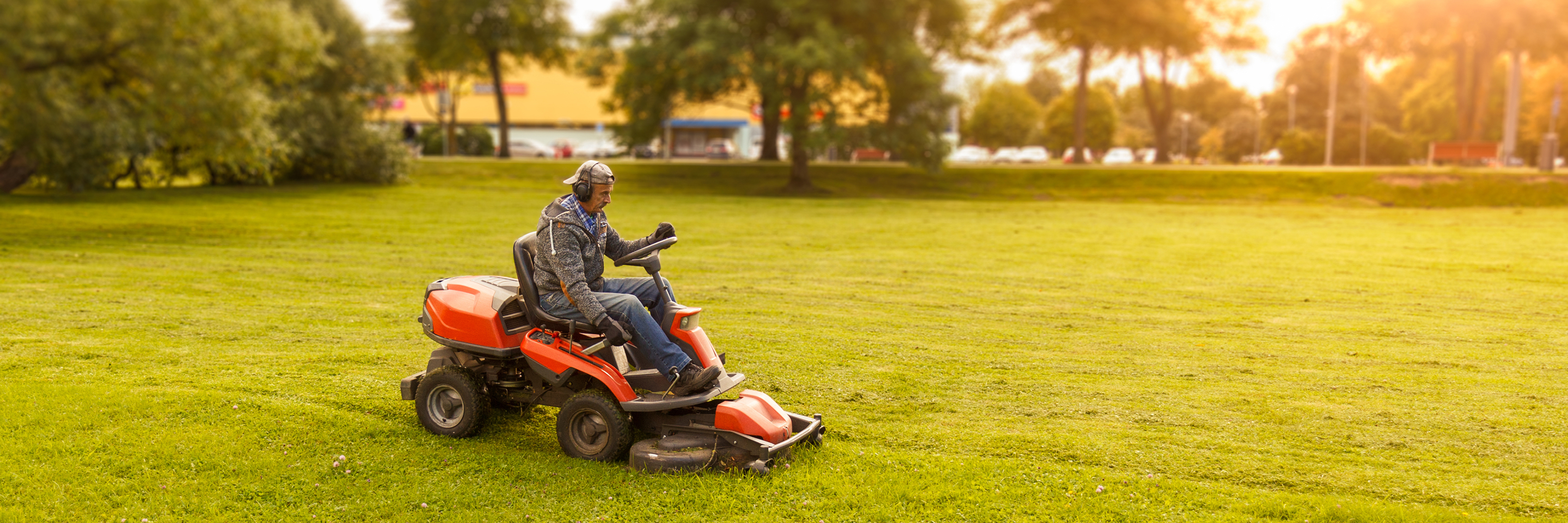 A groundskeeper rides a lawn mower while cutting grass in a large green park during golden-hour sunlight
