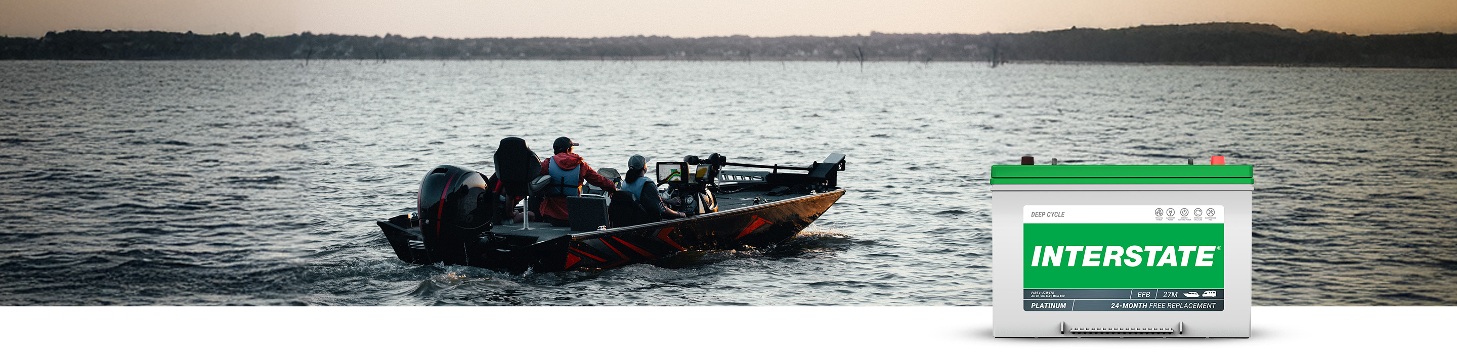 Boat in water with Interstate Marine Deep Cycle Battery
