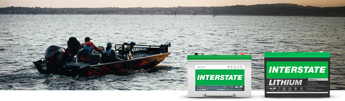 Boat in water with Interstate Marine Deep Cycle Battery and Lithium Battery overlaid on photo