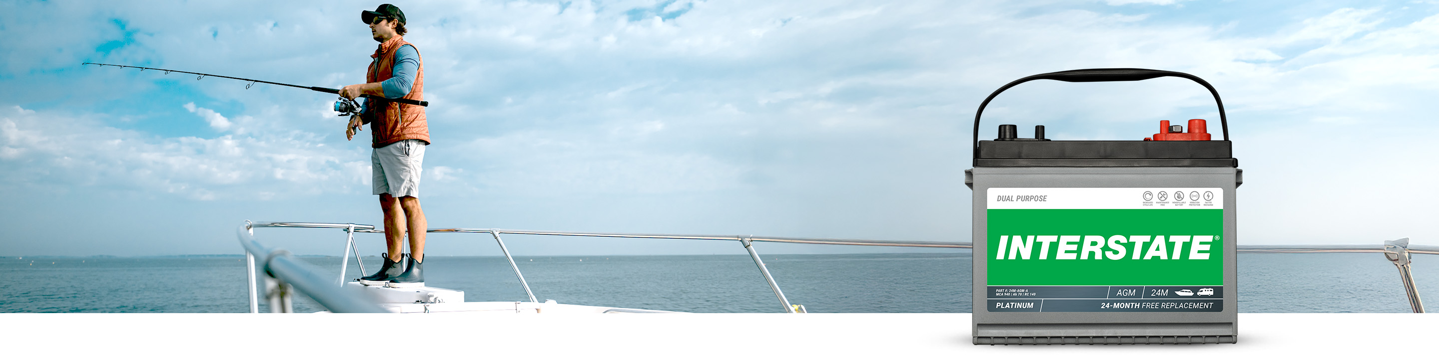 Boat in water with Interstate Marine Dual Purpose Battery
