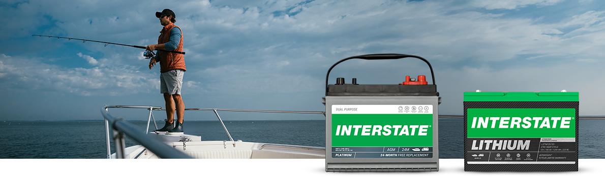 Boat in water with Interstate Marine Dual Purpose Battery and Lithium battery overlaid on photo