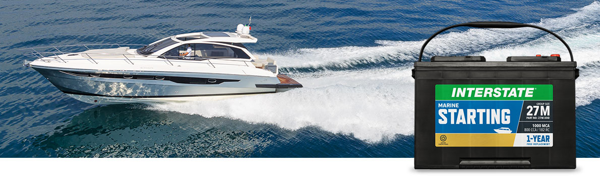 Speed boat in water with Interstate Marine Starting Battery overlaid on photograph