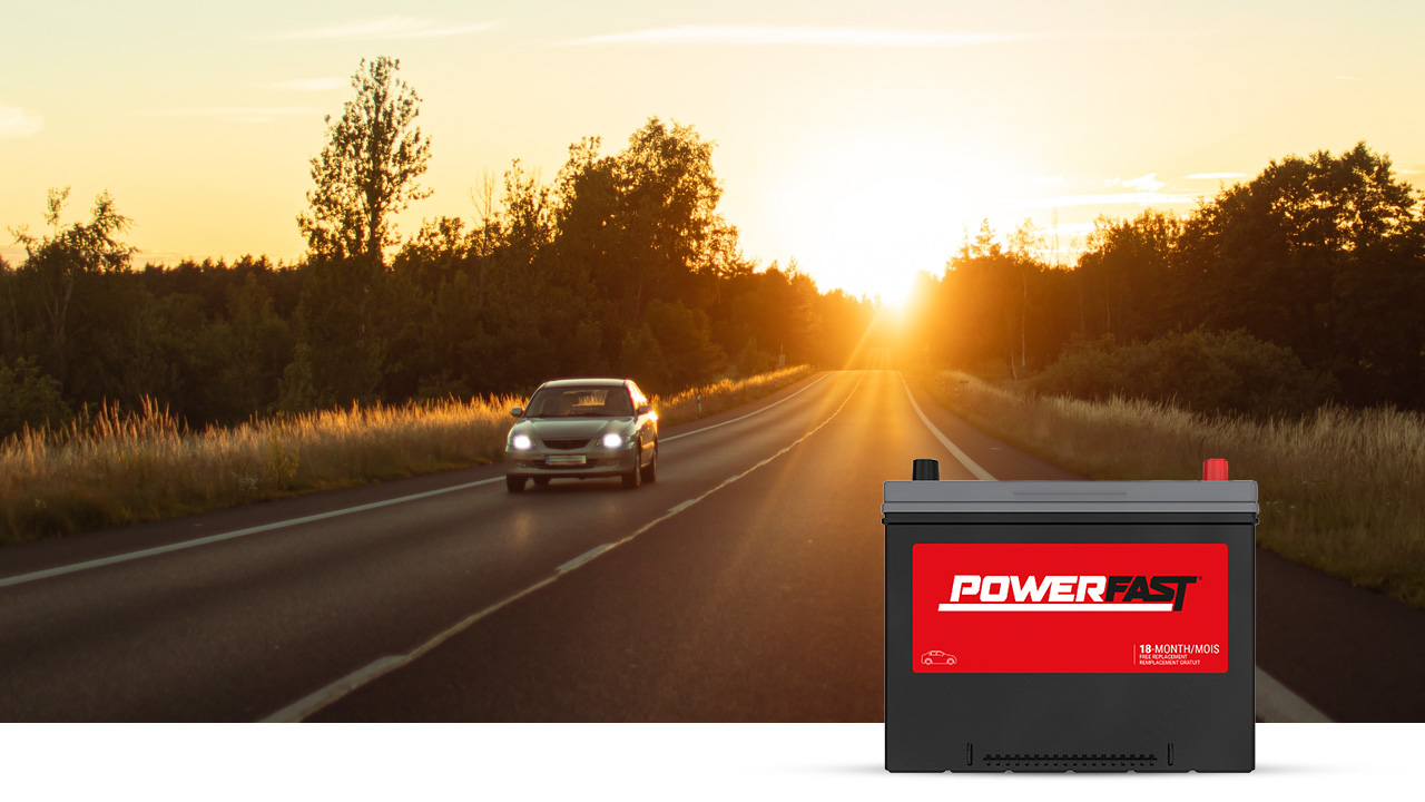 Car on the highway in the sunset with PowerFast Battery in bottom right corner
