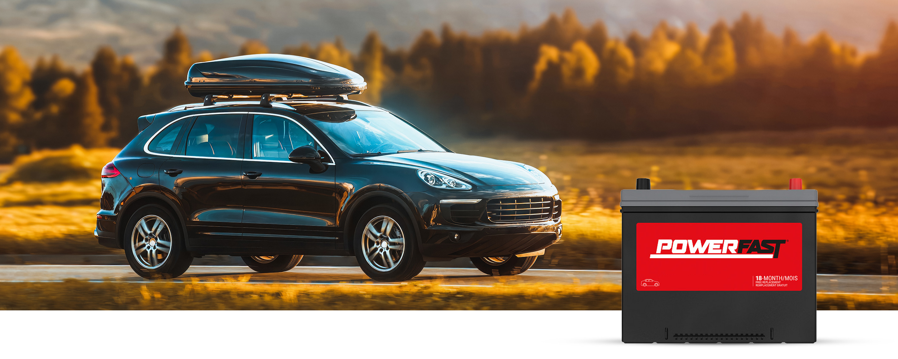 car driving on the highway with PowerFast Battery in bottom right corner