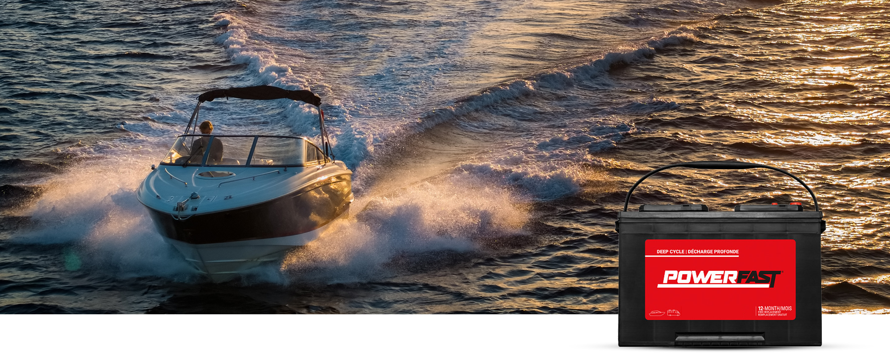 Marine boat cruising on the water with PowerFast Battery in bottom right corner