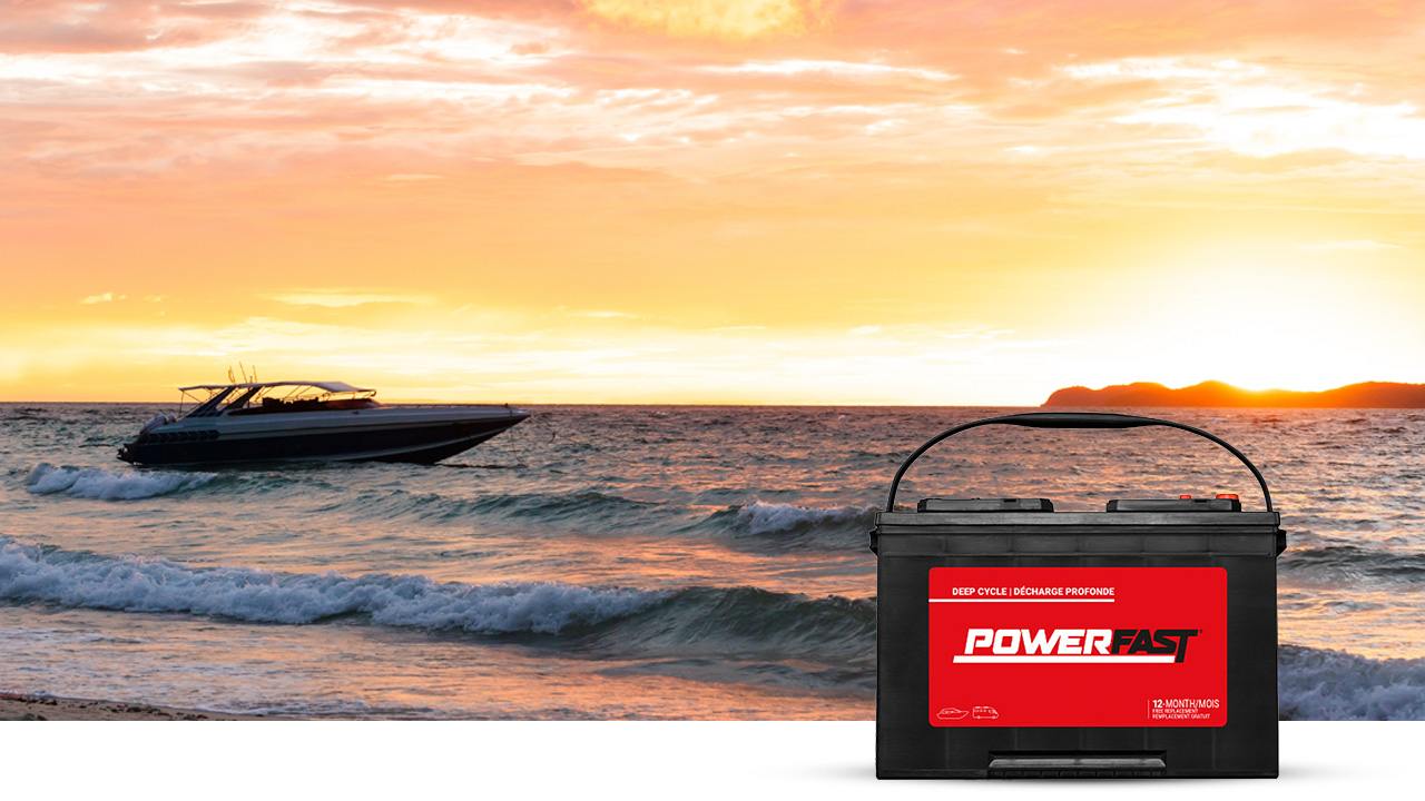 Marine boat on water in the sunset with PowerVolt Battery in bottom right corner