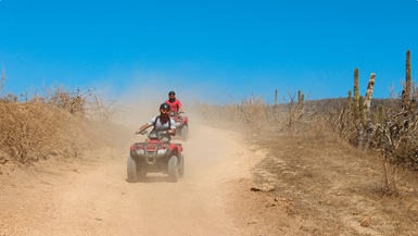 Two people driving ATVs in the desert
