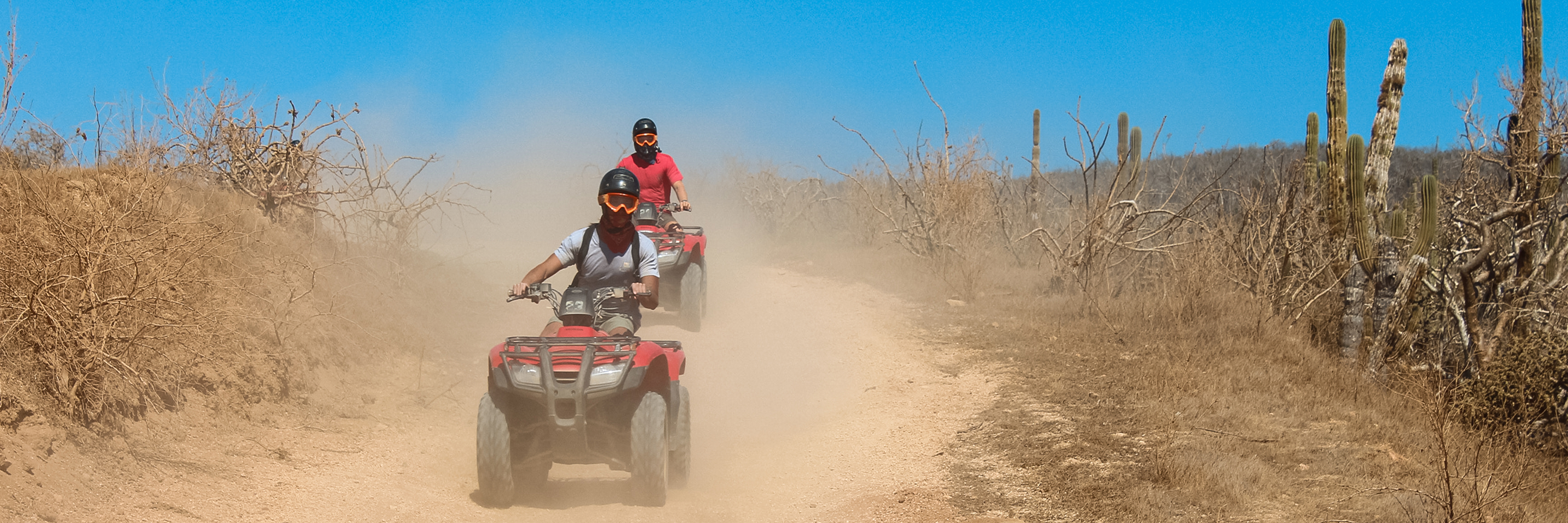 Two people driving ATVs in the desert