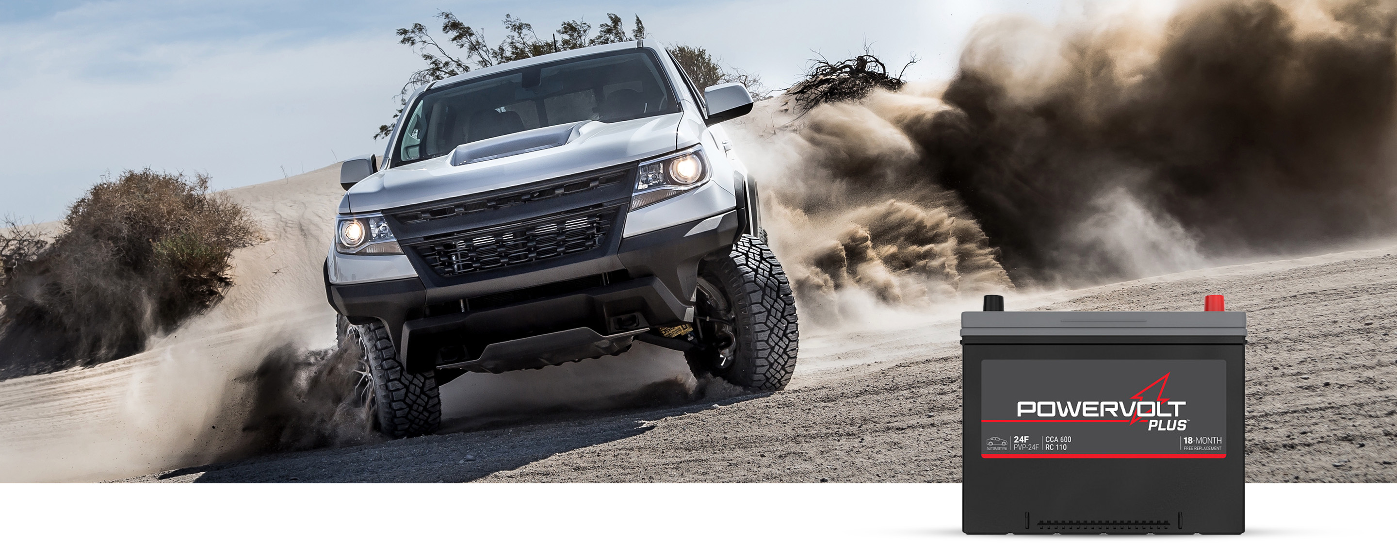 truck turning in a sand dune with PowerVolt Battery in bottom right corner
