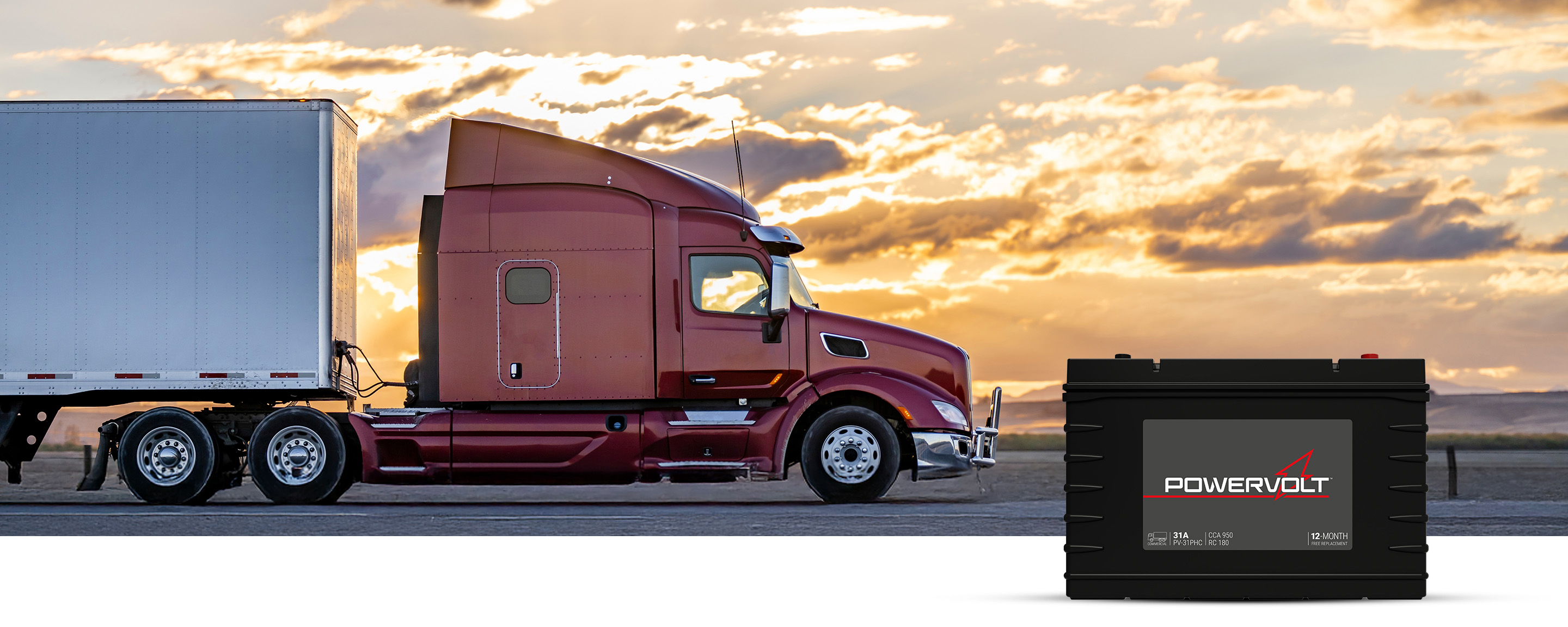 semi-truck driving on highway with PowerVolt Battery in bottom right corner