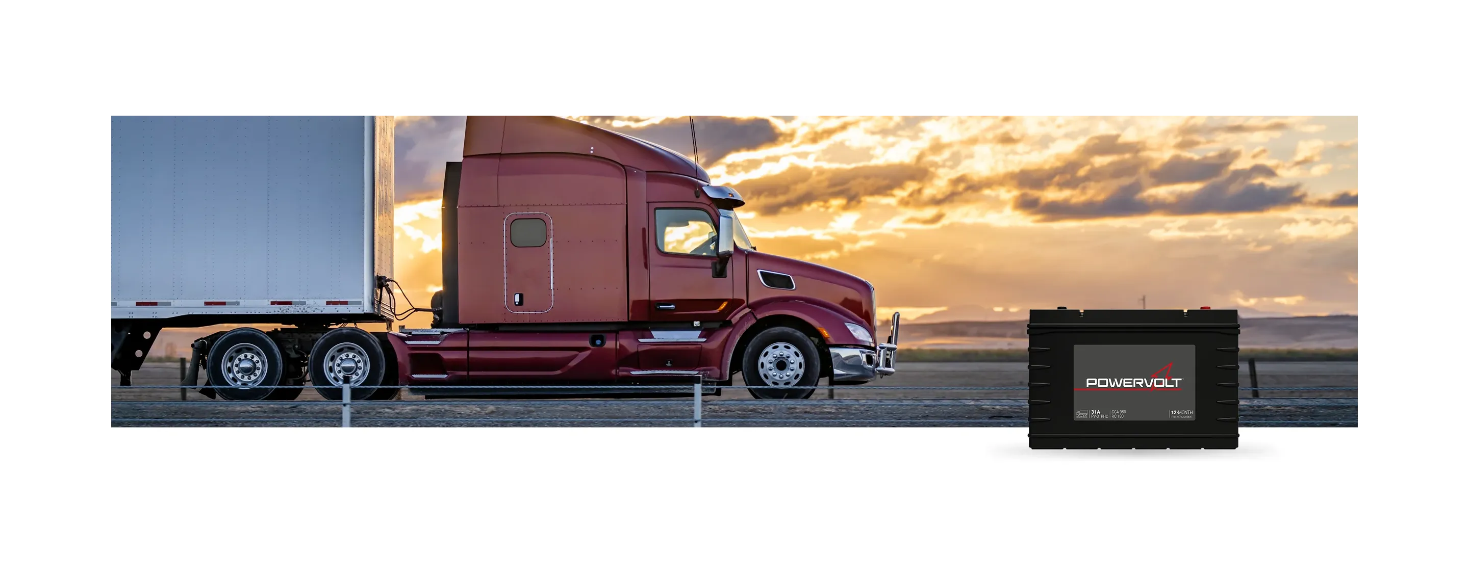 semi-truck driving on highway with PowerVolt Battery in bottom right corner