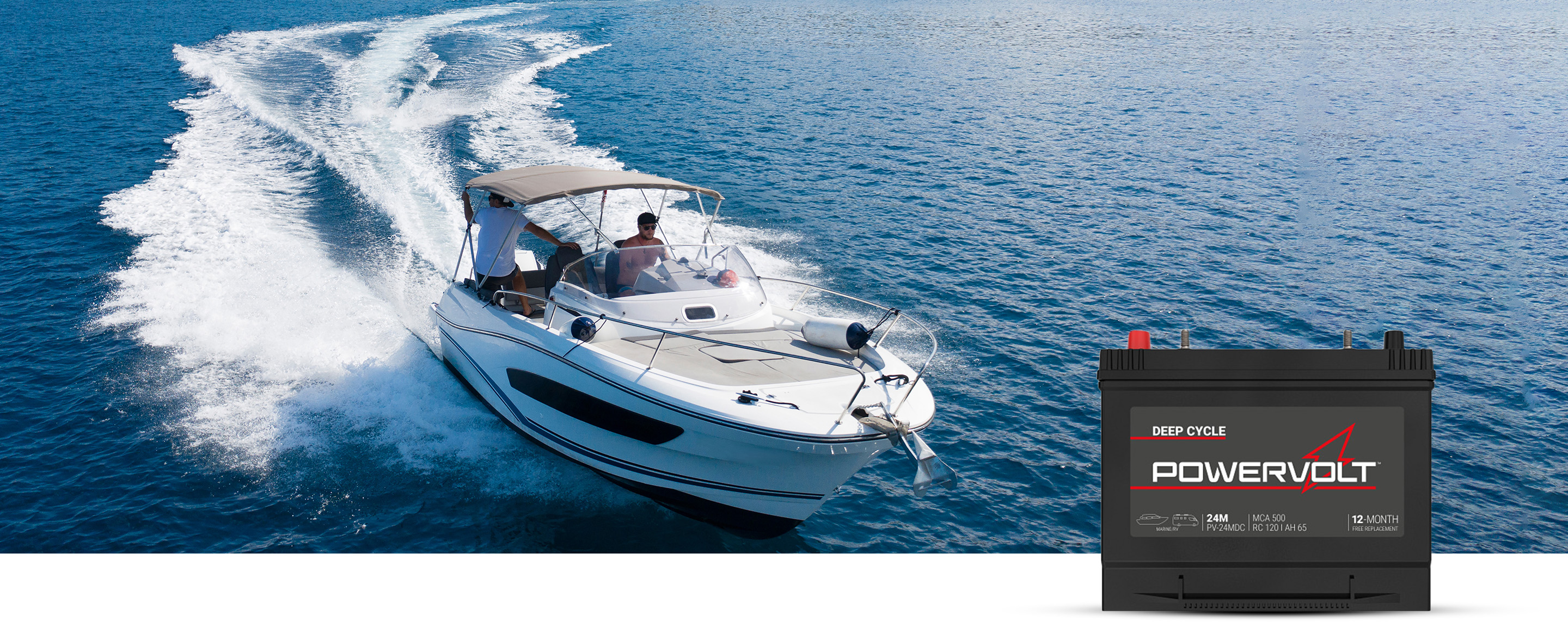 Marine boat cruising on the water with PowerVolt Battery in bottom right corner