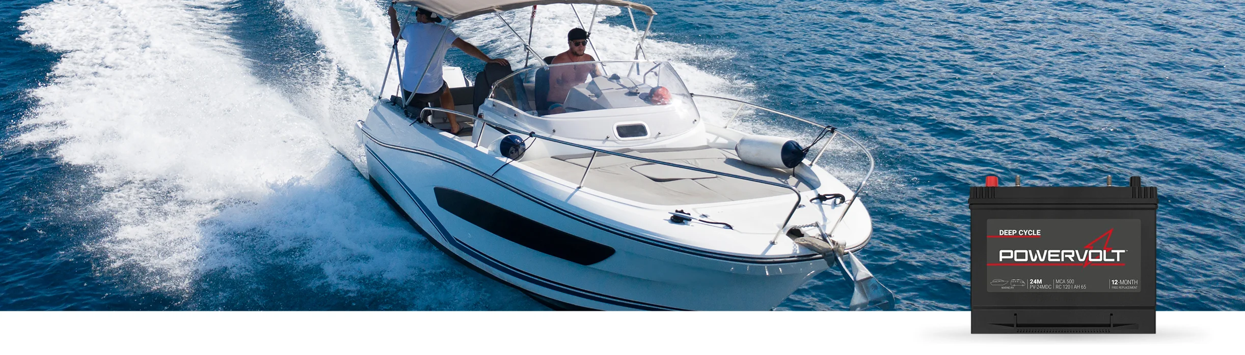 Marine boat cruising on the water with PowerVolt Battery in bottom right corner