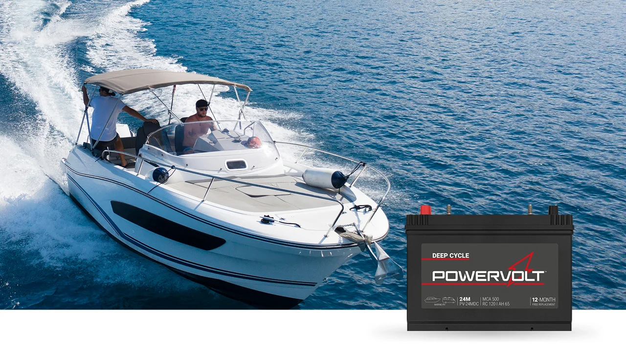 Marine boat on water in the sunset with PowerVolt Battery in bottom right corner
