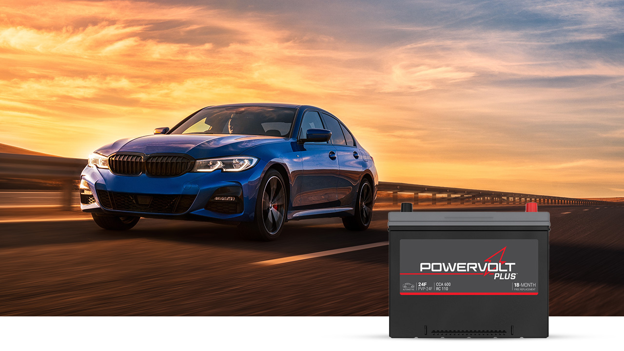 Car on the highway in the sunset with PowerVolt Battery in bottom right corner