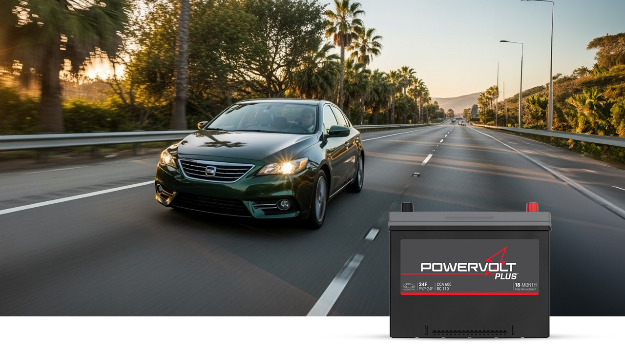 Car on the highway in the sunset with PowerVolt Battery in bottom right corner