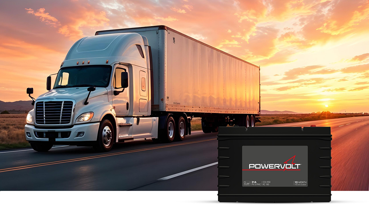 Semi-truck on the highway in the sunset with PowerVolt Battery in bottom right corner
