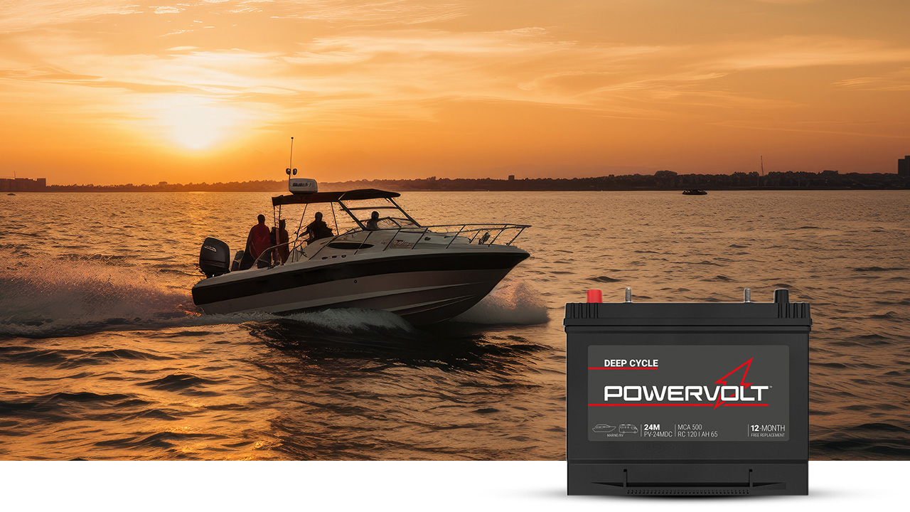 Marine boat on water in the sunset with PowerVolt Battery in bottom right corner