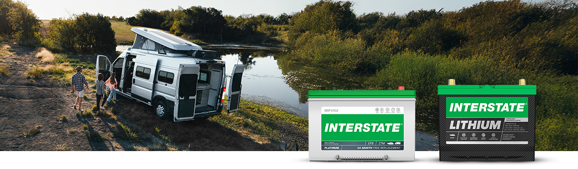 image of parked rv with Interstate Deep-Cycle Battery and Lithium battery overlaid