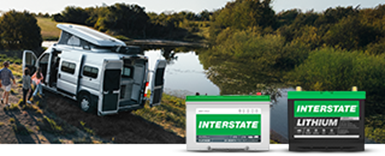 image of parked rv with Interstate Deep-Cycle Battery and Lithium battery overlaid