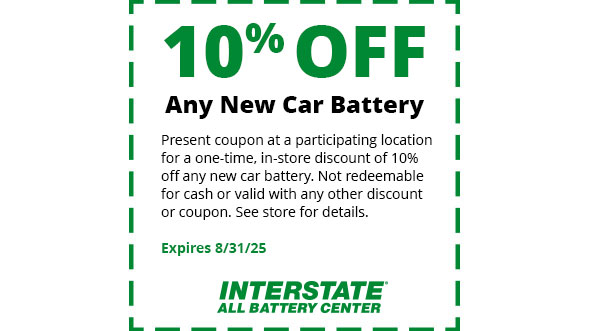 10% off any new car battery expires 8-31-25