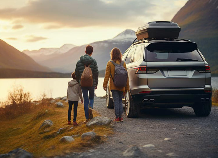 Camioneta y familia parados junto a un lago