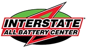 Interstate All Battery Center logo with red text and a large stylized red lightning bolt icon