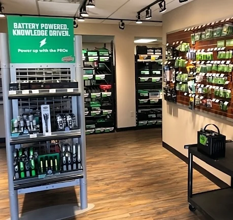 Interior of an Interstate All Battery Center with battery products and accessories on display
