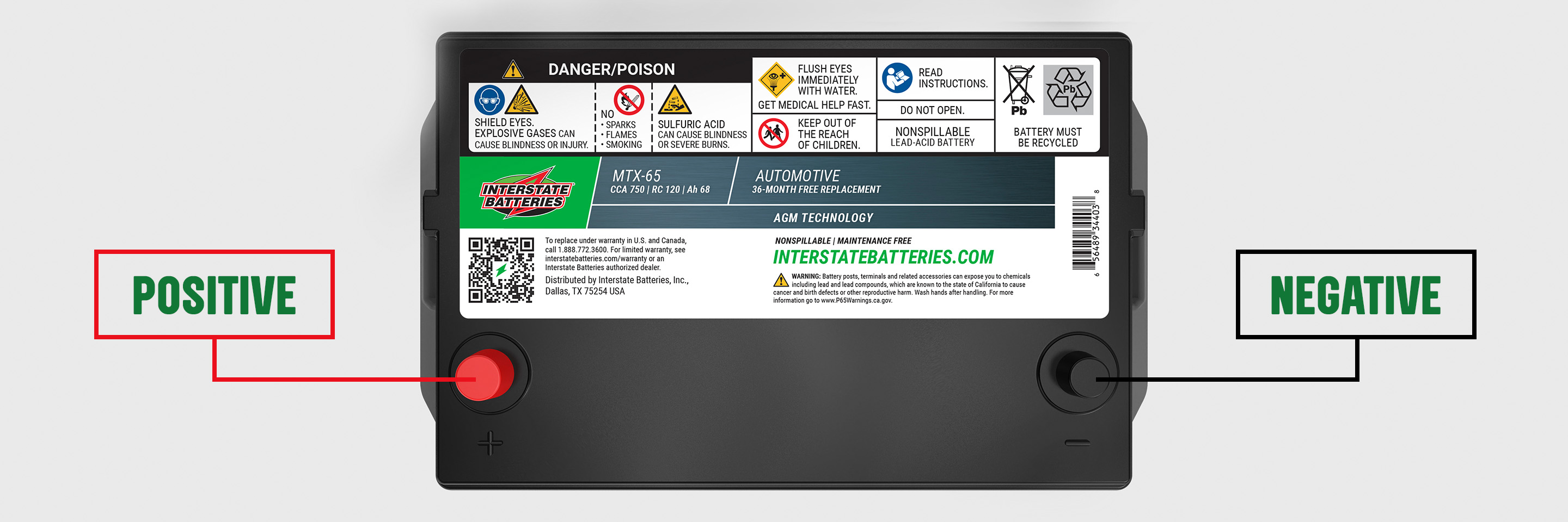 Interstate battery with Positive and Negative indicators