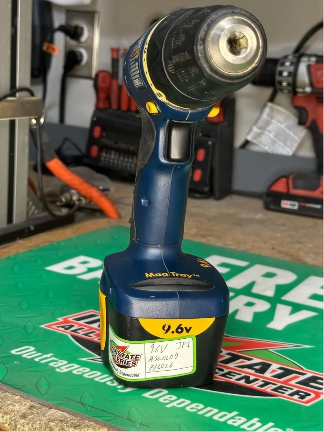 New Ryobi battery pack rebuild from Ottawa Interstate All Battery Center, with drill attached