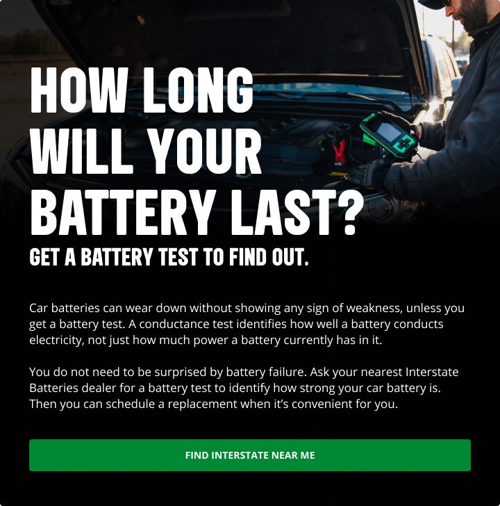 Car battery being tested under an open hood with on-screen text promoting battery testing services