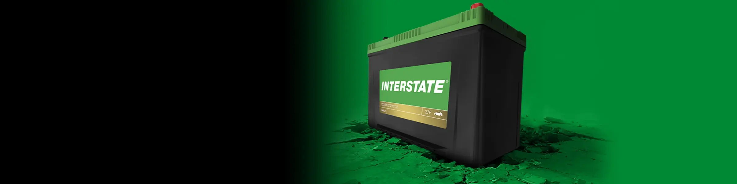 Black gradient overlay with Interstate Battery breaking ground in the middle facing right with the text "Choose a Battery You Can Depend On" to the right of it